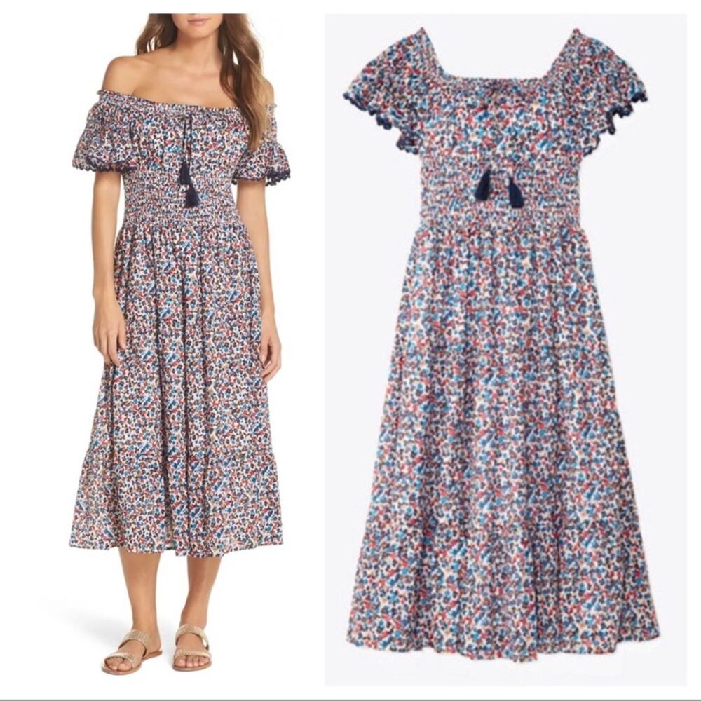 Tory Burch Off-Shoulder Floral Midi Dress